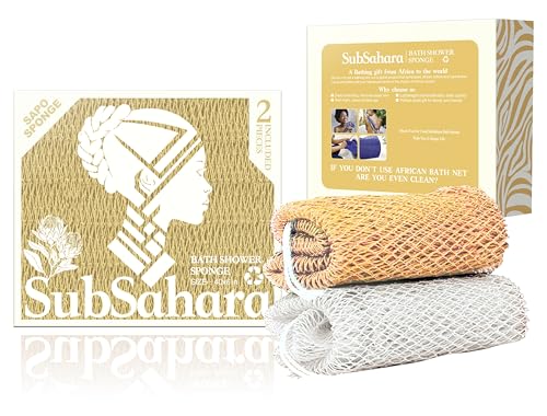 SubSahara Authentic African Net Sponge - 2 Pack Exfoliating Bath & Shower Loofah Sponge for Body & Face, Gentle Scrubber for All Skin Types, Travel, Durable - color: Golden & Milky White