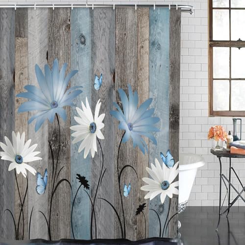 ArtSocket Blue Daisy Flowers Butterfly Bathroom Set with Shower Curtain and Bath Rugs and Accessories,Wooden Boards Non-Slip Shower Curtain Set,Bathroom Decor 3 Pcs - color: Blue Daisy Flowers