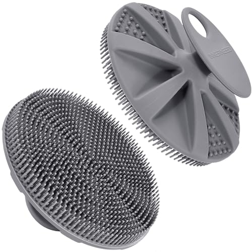INNERNEED Food-Grade Soft Silicone Body Scrubber Shower Brush Handheld Cleansing Skin Brush, Gentle Exfoliating and Lather Well (Gray) - color: Gray