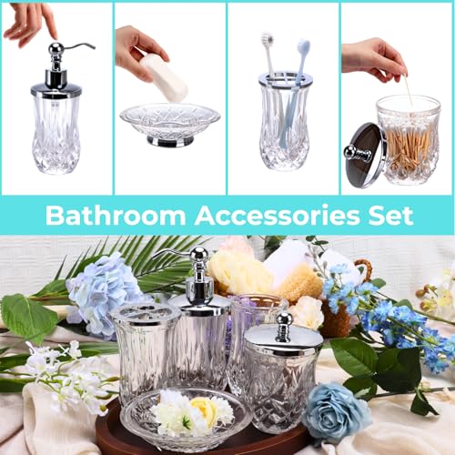 Bathroom Accessories Set,5 Pcs Clear Glass Bathroom Accessory Set,Complete Lotion Soap Dispenser,Toothbrush Holder,Soap Dish,Tumbler & Jar,Modern Bathroom Decor Sets Gift,Round - style: Round(Clear)