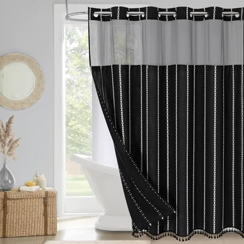 No Hooks Needed Farmhouse Shower Curtain with Snap-in Liner - with Window & Magnets, Boho Cotton Linen Fabric Shower Curtains with Tassels for Rustic Bathroom Decor, Black and White, 72 x 74 - color: Black - Win