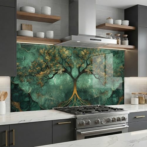 Bold Grup Tempered Glass Kitchen Backsplash, Stove Back Cover, Range Protector, Splash Guard for Sink, Emerald Tree of Life Wall Art Decor, Cutting Board - size: 25.5''W x 12''H