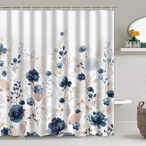 DDQQ Navy Blue Floral Shower Curtain Sets with Rugs 4 Piece Gold Flowers Leaves Bathroom Decor Set with Non-Slip Rugs Toilet Lid Cover and Bath Mat, Home Bathroom Shower Curtain Set with 12 Hooks - color: Navy Blue