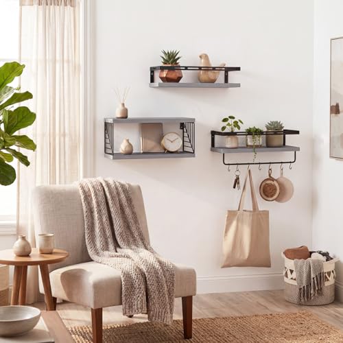 Fixwal Wall Mounted Bathroom Shelves Over Toilet, Rustic Wood Floating Shelves with Metal Frame and Towel Bar for Bathroom, Kitchen, Bedroom, Living Room (3 Plus 1 Gray) - color: 2-gray
