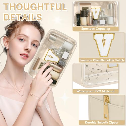 Initial Clear Makeup Bag, Birthday Gift Preppy Chenille Patch Cosmetic Bag, Initial Travel Essentials Beach Toiletry Pouch, Ideal Gift for Teachers & Moms, Women and Girls (Beige, V) - color: Beige, style: V