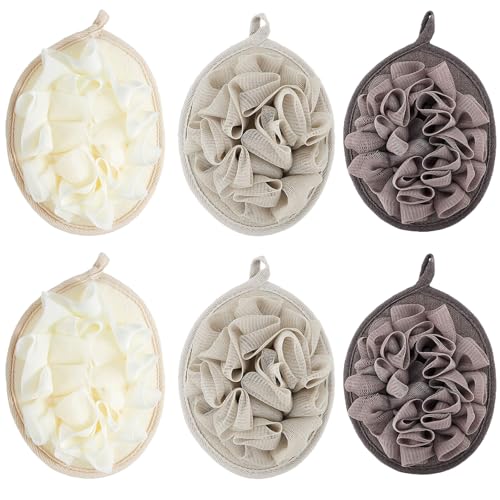 Boao 6 Pcs Bath Shower Pouf Sponge Mesh Pouf Shower Ball Exfoliating Body Sponge Pad Scrubber Glove with Flower Bath Ball (Khaki,Dark Brown,Beige) - style: Khaki, Dark Brown ,Beige