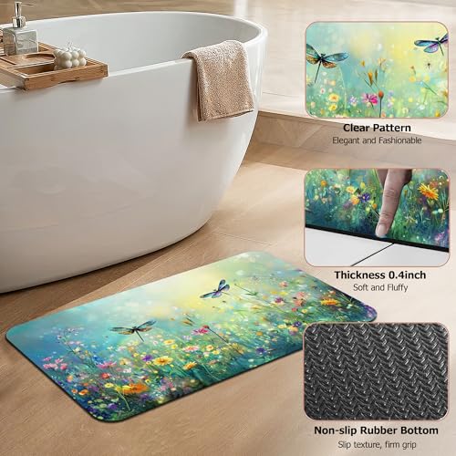 Non Slip Bath Mat,Dragonfly Bathroom Decor,Colorful Flowers Diatomaceous Bath Mat Quick Dry Absorbent Bathroom Rugs-Shower Rug for Kitchen Laundry Bathtub Shower 17"x29.5" - color: Dragonfly,colorful Flowers