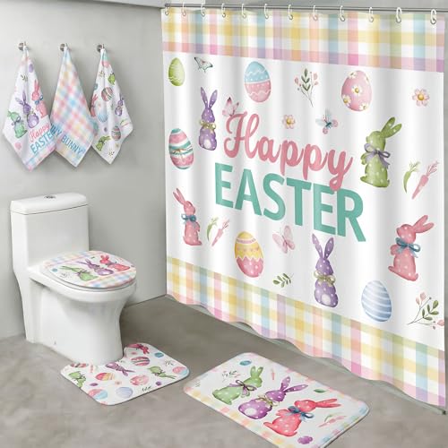 Haull 7 Pcs Easter Shower Curtain Set for Bathroom Bunny Eggs Non Slip Rug Toilet Lid Cover Bath Mat Towels Decor with 12 Hooks Happy Easter Waterproof Shower Curtain for Bathroom Spring Decor Set - style: Easter