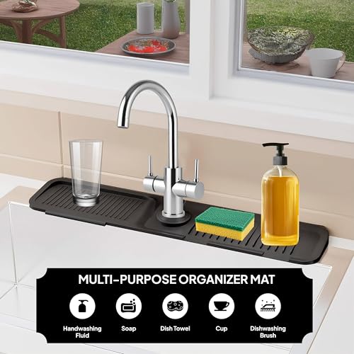 24 Inch Silicone Faucet Mat for Kitchen Sink Longer Splash Guard Behind Faucet Fast Draining 5° Slope Sink Protector Water Catcher Draining Mat Black - color: Black, style: 24 Inch