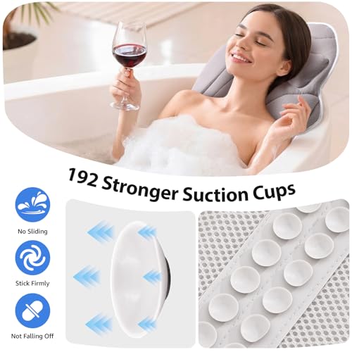 Full Body Bath Pillow for Bathtub, Thick 5D Air Mesh Luxury Spa Tub Cushion with Adjustable Lumbar Support, Extra Long Bathtub Pillow for Head and Neck Back, 192 Non-Slip Suction Cups, Gray, 56" x 19"