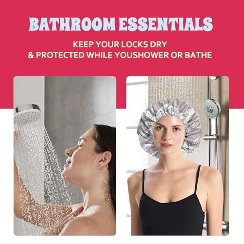 Luxury Shower Cap Satin Lined Reusable Waterproof Double Layer Elastic Adjustable Hair Bath Cap Cute Aesthetic Women Girls-White Butterfly - color: F15-White Butterfly
