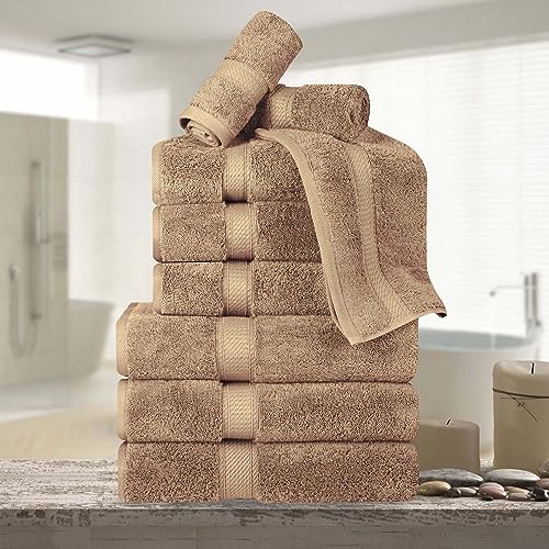 BNM Madeline Egyptian Cotton Heavyweight Towels, Ideal For Shower, Spa, Hotel, 800 GSM, Face/ Washcloths, Hand Towels, Bath Towels, Highly-Absorbent, Luxury Basics, 9 Piece Towel Set, Latte Brown - color: Latte, size: 9-Piece Towel Set