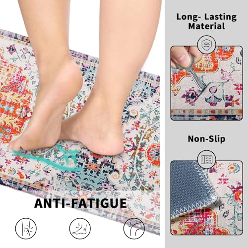 Boho Kitchen Mat Set 2 PCS Vintage Ethnic Pattern Runner Rug Non Slip 17"x47"+17"x30", Distress Print Bohemian Floral Washable Absorbent Kitchen Rugs for Floor Bathroom Laundry Decor - color: Boho Vintage