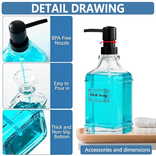 3 Pack Glass Soap Dispenser with Pump, 17oz/500ml Square Refillable Hand and Dish Soap Dispenser for Bathroom Decor & Kitchen Sink, Clear Pump Bottles for Liquid, Lotion (Includes 6 Labels) - size: 17 oz Clear 3Pack