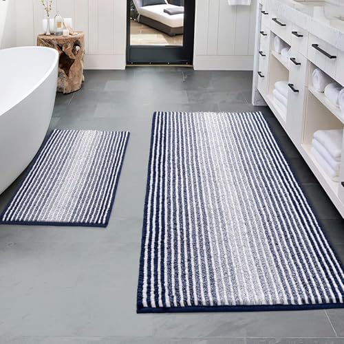 BSICPRO Bathroom Rugs and Mats Sets, 2 Piece Thick Absorbent Chenille Non Slip Soft Shaggy Floor Mats Machine Washable (20" x 47" Plus 16" x 24", Navy) - color: Navy, size: 20" x 47" Plus 16" x 24"