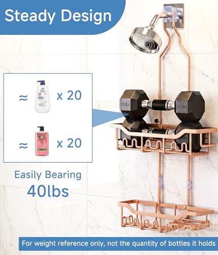Upgraded Extended Length Shower Organizer with Hooks, Rustproof Shampoo Soap Holder, Large Hanging Bathroom Caddy, Rose Gold - color: Rose Gold