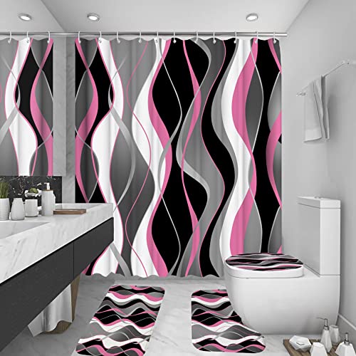 4Pcs Pink Shower Curtain Sets with Non-Slip Rugs, Toilet Lid Cover and Bath Mat, Black and Gray Bathroom Decor Set Accessories Fabric Waterproof Shower Curtains with 12 Hooks, 72 x 76 Inch - color: Pink