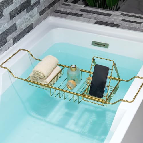 Woodbridge Stainless Steel Extendable Bathtub Caddy Tray in Brushed Gold Finish with Removable Wine Holder, Book and Phone Rack, Bathcad-BG - color: Brushed Gold
