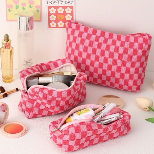 LYDZTION Makeup Bag Cosmetic Bag for Women,1Pcs Large Capacity Makeup Bags and 1Pcs Pencil Case Makeup Brushes Storage Bag Travel Toiletry Bag Organizer - color: 3pcs rose red