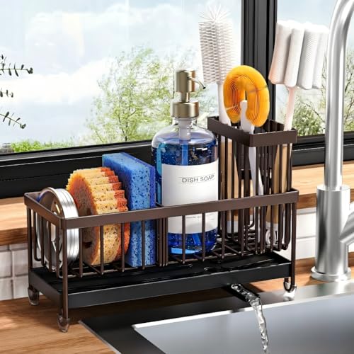 Cisily Brown Sponge Holder for Kitchen Sink, Sink Caddy Organizer with High Brush Holder, Kitchen Countertop Organizers and Storage Essentials, Rustproof 304 Stainless Steel, Soap Dispenser Organize - color: Brown - 9.25″