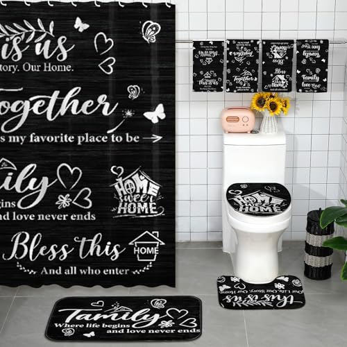 Tatuo 8 Pcs Family Shower Curtain Set Black Home Theme Bathroom Accessories Sets Farmhouse Rustic Waterproof Shower Curtain with Towels Carpet Bath Mat Toilet Rugs and 12 Hooks Housewarming Gift - style: Black Home