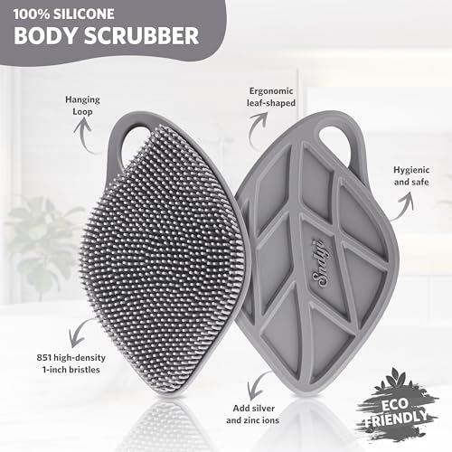 Sndyi Silicone Body Scrubber, Gentle Exfoliating Body Scrubber for Sensitive Skin, Leaf Shaped Shower Scrubber for Body with Lathering Bristles, Silicone Loofah Body Brush for Showering, Gray - color: Gray