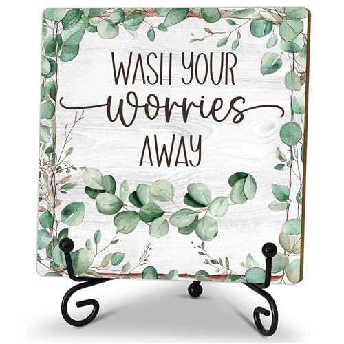5" Greenery Bathroom Decor, Wash Your Worries Away Sign, Sage Green Bathroom Laundry Room Decor, Bathroom Guest Bathroom Decoration, Funny Toilet Bathroom Plaque Sign Table Shelf Decor-A02 - color: Wash Your Worries-02