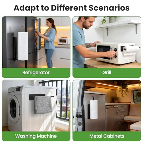 Paper Towel Holder Black, Toilet Paper Roll Holder Magnetic Towel Rack Wall Mount Fridge Organizer Shelf for Towels Rolls Bar Bathroom Toilet Pantry RV Essentials Kitchen Organizers and Storage 2 Pack - color: Black