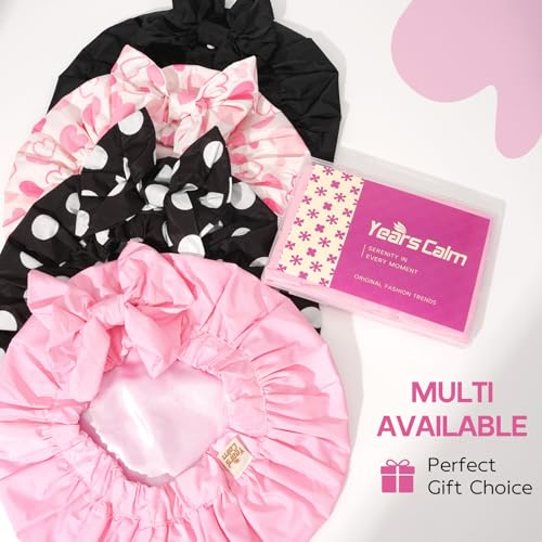 Years Calm Extra Large Shower Cap for Long Thick Hair – Waterproof Double Layer Bath Cap with Satin Lining, Secure Elastic Fit for Braids, Curls & Extensions - color: Black Polka Dots