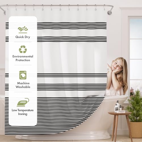 AmazerBath Long Shower Curtain, 72x78 Striped Black Fabric Shower Curtain Set with 12 Shower Curtain Hooks, Rustic Cloth Black and White Shower Curtain, Farmhouse Bathroom Shower Curtain Sets - color: A- Black Stripe +12 Metal Hooks, size: 72"W x 78"L (Pa
