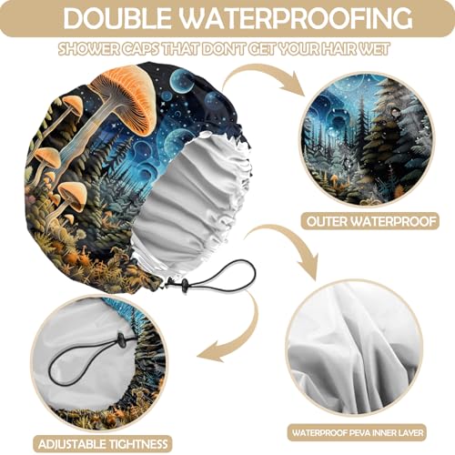 2 PCS Shower Cap Adjustable Reusable Double Waterproof Layer Elastic Hair Bath Cap Cute Aesthetic for Women Girls-Mushrooms Cat - color: I23-Mushroom Cat