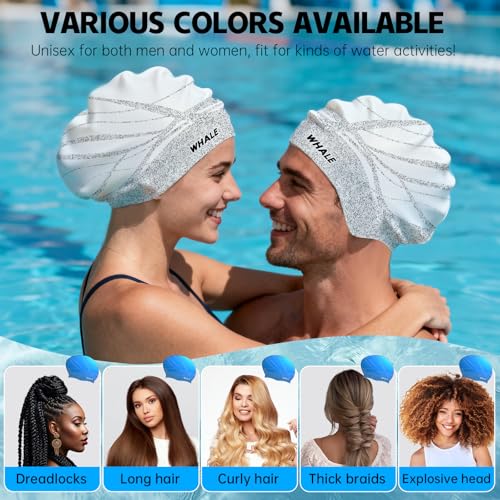 WHALE Extra Large Swim Cap Designed for Men and Women with Thick, Long Hair, Hair Extensions Or Afro-Textured Hair Long-Hair Swim Cap Highly Waterproof to Keep Hair Dry - color: Bright white