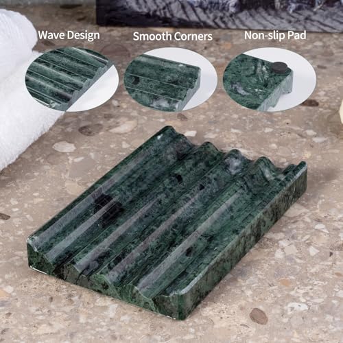 Karibiber Soap Holder, Marble Soap Dish for Shower, Green Bar Soaps Holder with Water Ripple Design, Easy Cleaning Soaps Saver for Kitchen Sink，Bathroom, Executive Indian Natural Stone Soap Tray - color: Indian Green