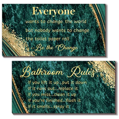 DONFENTHY 2 Pieces Green Gold Bathroom Rules Wall Art Green Gold Bathroom Decor Signs Rustic Farmhouse Wooden Sign for Toilet(12x6") - color: Green