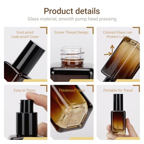Segbeauty 2pcs 50ml Empty Refillable Glass Pump Bottle, 1.69oz Glass Containers Dispenser Gradient Brown Empty Bottles Travel Size Lotion Bottle with Pump for Essential Oil Blends Cream Lotion - size: 1.7oz/50ml