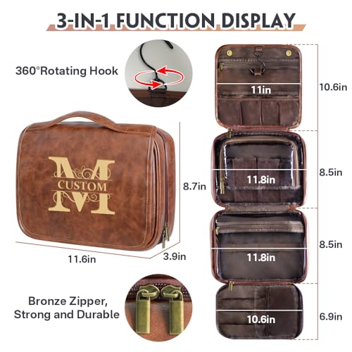 personalized 3-in-1 PU Leather Toiletry Bag For Men custom engraved Large hanging travel toiletry bag - personalized gifts for dad, brother, grandpa, husban (Reddish-Brown) - color: Reddish-Brown