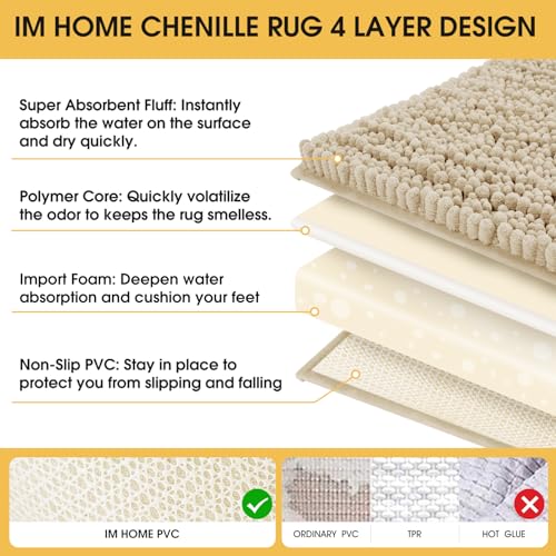 ACCUMTEK Upgrade Luxury 2 Piece Beige Toilet Bathroom Rug Mat 60"x20"+32"x20", Ultra Soft Thick Absorbent Bath Mats, Non Slip Chenille Toilet Mat for Bathroom, Bedroom, Kitchen, Shower, Tub - color: Beige, size: 60"x20"