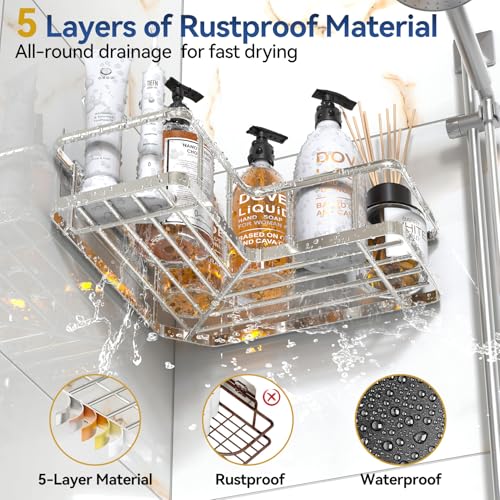YASONIC Corner Shower Caddy Organizer, Self-Adhesive Rustproof Bath Shelves with Soap Holder & 4 Hooks, Large Capacity Shower Storage Rack for Bathroom Organization, (3Pack, Silver) - color: Silver