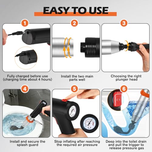 Electric Toilet Plunger, Drain Unclogger Plungers High Pressure Air Drain Blaster with Drain Auger, Splash-free Plungers for Bathroom, Plumbing Snake for Toilet, Clog Remover Heavy Duty(Black) - color: Electric Black