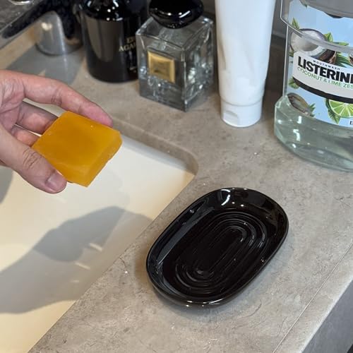 Ceramic Marble Pattern Soap Dish, Textured Raised Soap Saver Tray for Shower Bathroom Kitchen Sink Vanity, Easy to Clean Multi-Use Holder for Bar Soap Jewelry Rings Keys, Black (1 Pack) - color: Black