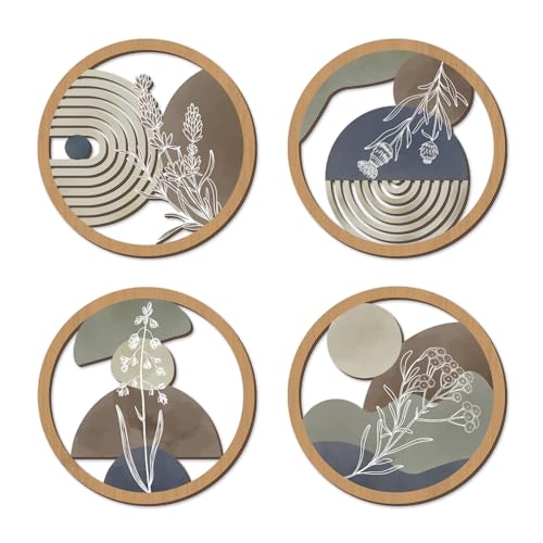 TOARTi 4Pieces Boho Botanical Wooden Wall Art,Farmhouse Geometric Round Wall Decor,Vintage Bohemian Plants Hanging Art,Morden Minimalist Aesthetic Artwork for Bedroom Living Room - color: 4pcs Geometric Botanical Wooden Wall Art
