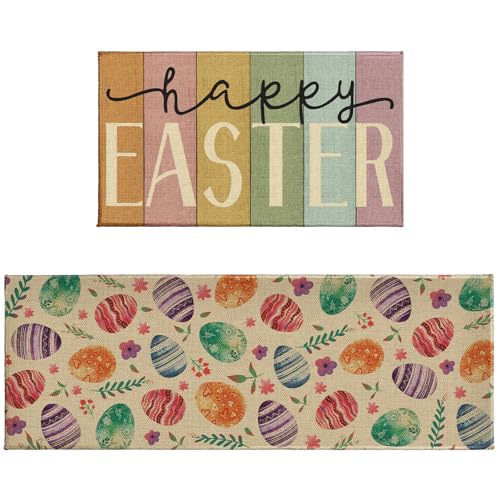 Happy Easter Kitchen Rugs 2 Pcs Colorful Easter Eggs Florals Washable Runner Rug Non Slip 17"x47"+17"x30", Seasonal Spring Comfort Kitchen Floor Mat for Holiday Bathroom Laundry Decor - color: Colorful Easter Eggs