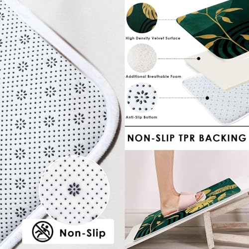 Boho Green Shower Curtain Set with Toilet Lid Cover and Non-Slip Rugs, Tropical Botanical Abstract Green Gold 4 Pcs Modern Minimalist Vintage Shower Curtain for Bathroom Set with 12 Hooks - color: Dark Green