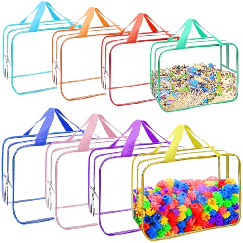 8 Packs 8 Colors Toy Storage Bags, Reusable Clear PVC Board Game Storage, Toy Storage Organizer Bags with Zipper for Building Blocks, Puzzle and Handmade Accessories, Clear Toiletry Bag - color: 8 Color, size: Large and Small