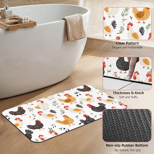 Non Slip Bath Mat, Chickens Roosters Bathroom Decor, Leaves Music Notes Diatomaceous Bath Mat Quick Dry Absorbent Bathroom Rugs-Shower Rug for Kitchen Laundry Bathtub Shower 17"x29.5" - color: Chickens Roosters, Leaves Music Notes