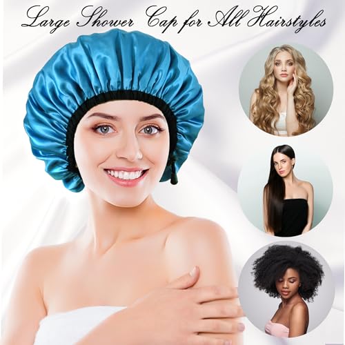 Shower Cap for Women, Large Shower Caps Reusable Waterproof with Elastic Band, Silky Satin Double-layer Bath Cap for Braids Long Hair - color: Set G