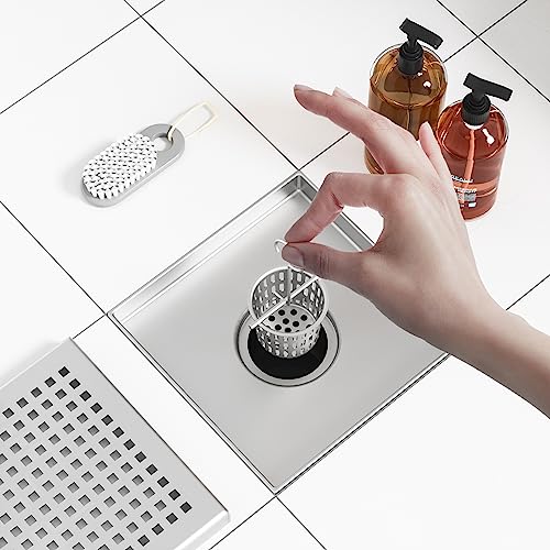 Neodrain Square Shower Drain with Removable Quadrato Pattern Grate, Brushed 304 Stainless Steel Square Drain for Bathroom, with Hair Strainer and Lifting Hook,CUPC Certified (Brushed Nickel, 6 in) - color: Stainless, size: 6 IN