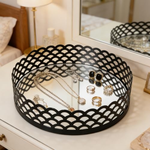 Black Metal Decorative Tray with Mirror Base - Round Vanity Tray for Makeup Brushes, Jewelry, Perfume, and Home Décor(7.3”X2”) - size: 7.3"