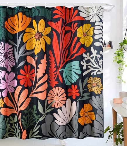 RoomTalks Black Floral Shower Curtain for Funky Aesthetic Bathroom Decor - Heavy Duty Modern Abstract Matisse Flowers Cute Colorful Botanical Shower Curtain Set - color: Colorful Black, size: 72"W x 72"L (Pack of 1)