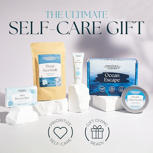 Nurture by Nature Bath Gift Set for Women - Birthday Gifts for Women, 4 Piece Spa Gift with Body Scrub, Bath Salts, Soap, Hand Cream, Self Care Gift for Mother’s Day, Gifts for Her, Gift for Mom